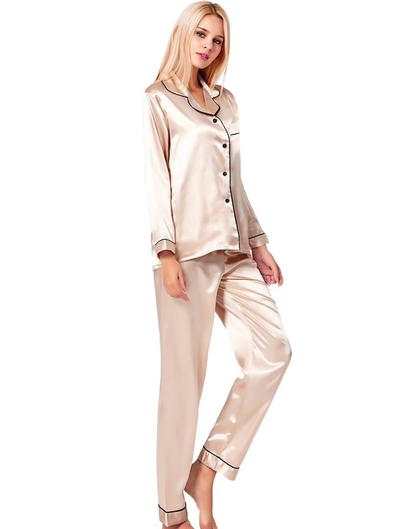 SWOMOG Womens Silk Satin Pajamas Long Sleeve Loungewear Two-Piece Sleepwear Button-Down Pj Set Champagne - Image 4